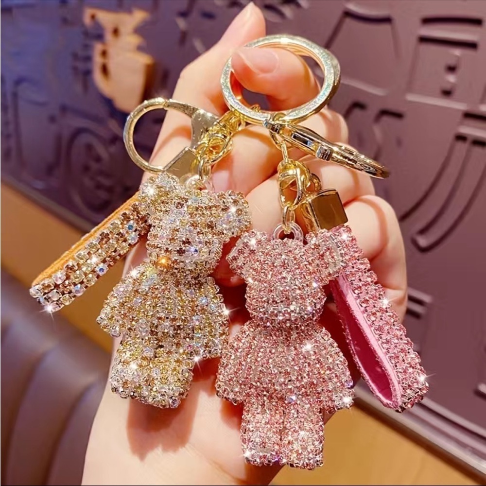 Pink & Gold Rhinestone Teddy Bear Keychain for Wallet,Backpack,Purse